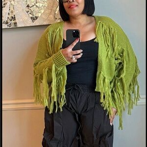 Fringed Open-Front Green Women’s Sweater Cardigan